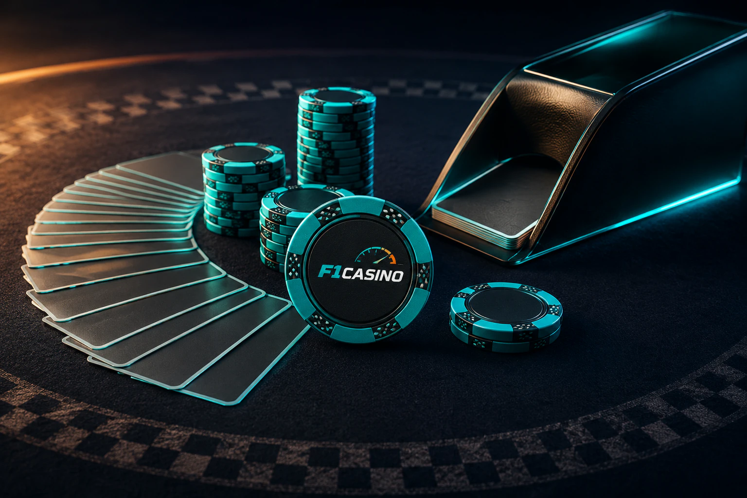 F1casino poker çipleri ve kart masası